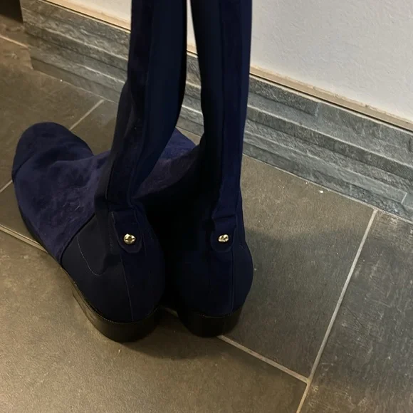 L.K Bennett half and half stretch knee boots in navy blue suede size 37 - Picture 3 of 6